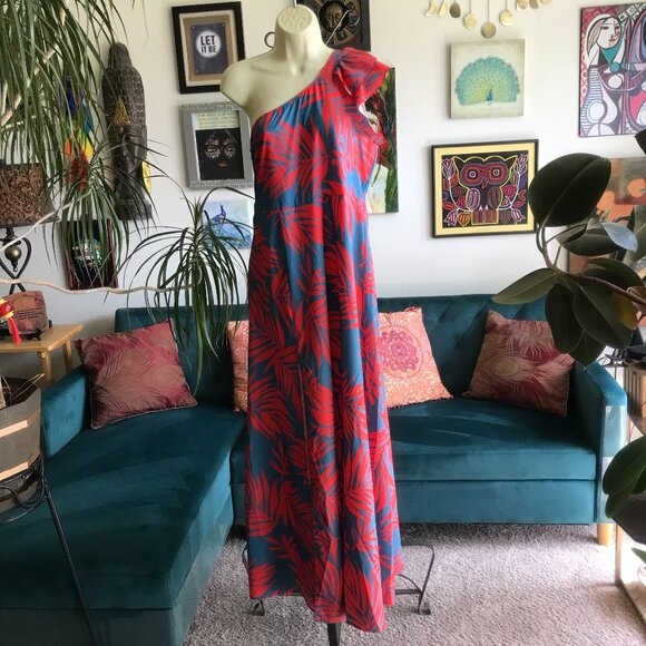 MADE WITH LOVE❤️size M Red & Blue Tropical Leaves One Shoulder Maxi Dress NWT - Picture 1 of 4